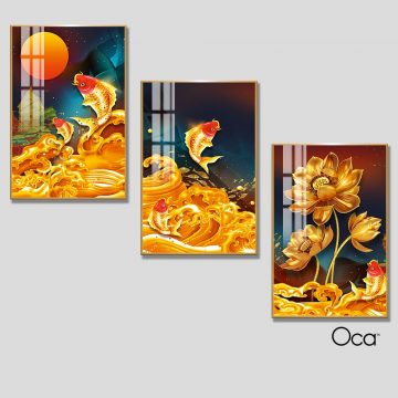 Lý ngư vọng nguyệt | Bộ 3 tranh treo cầu thang | Mã T0266| Oca