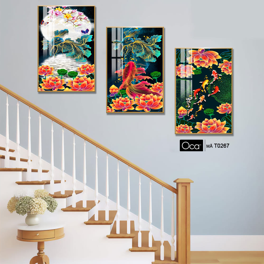 Cá chép trông trăng | Bộ 3 tranh treo cầu thang | Mã T0267 | Oca - Ảnh 3