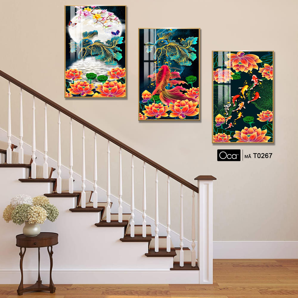 Cá chép trông trăng | Bộ 3 tranh treo cầu thang | Mã T0267 | Oca - Ảnh 4