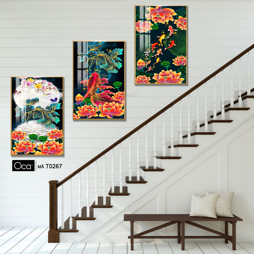 Cá chép trông trăng | Bộ 3 tranh treo cầu thang | Mã T0267 | Oca - Ảnh 2