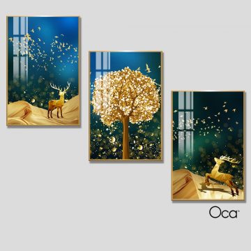 Hươu tài lộc | Bộ 3 tranh treo cầu thang | Mã T0283 | Oca