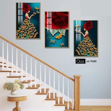 Alternative view of Cô gái và hoa hồng | Bộ 3 tranh treo cầu thang | Mã T0290 | Oca