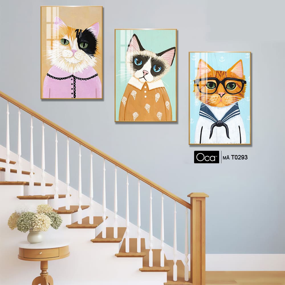 Chú mèo nghệ thuật | Bộ 3 tranh treo cầu thang | Mã T0293 | Oca - Ảnh 4