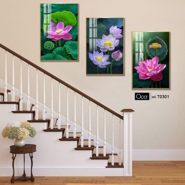 Alternative view of Hoa sen hồng | Bộ 3 tranh treo cầu thang | Mã T0301 | Oca