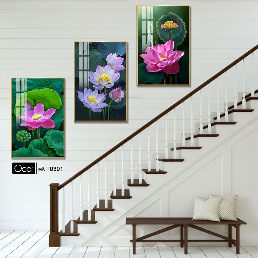 Hoa sen hồng | Bộ 3 tranh treo cầu thang | Mã T0301 | Oca - Ảnh 4