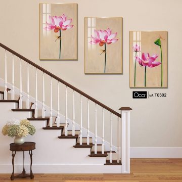 Alternative view of Hoa sen hồng | Bộ 3 tranh treo cầu thang | Mã T0302 | Oca