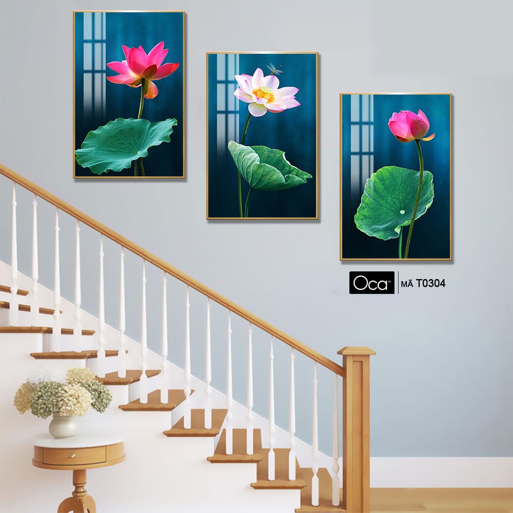 Hoa sen trong đầm | Bộ 3 tranh treo cầu thang | Mã T0304 | Oca - Ảnh 4