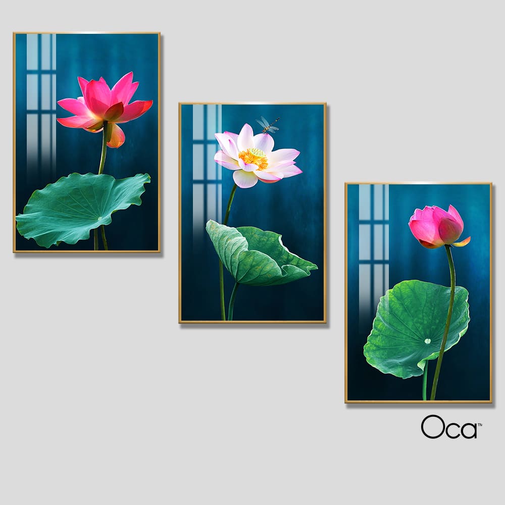 Hoa sen trong đầm | Bộ 3 tranh treo cầu thang | Mã T0304 | Oca