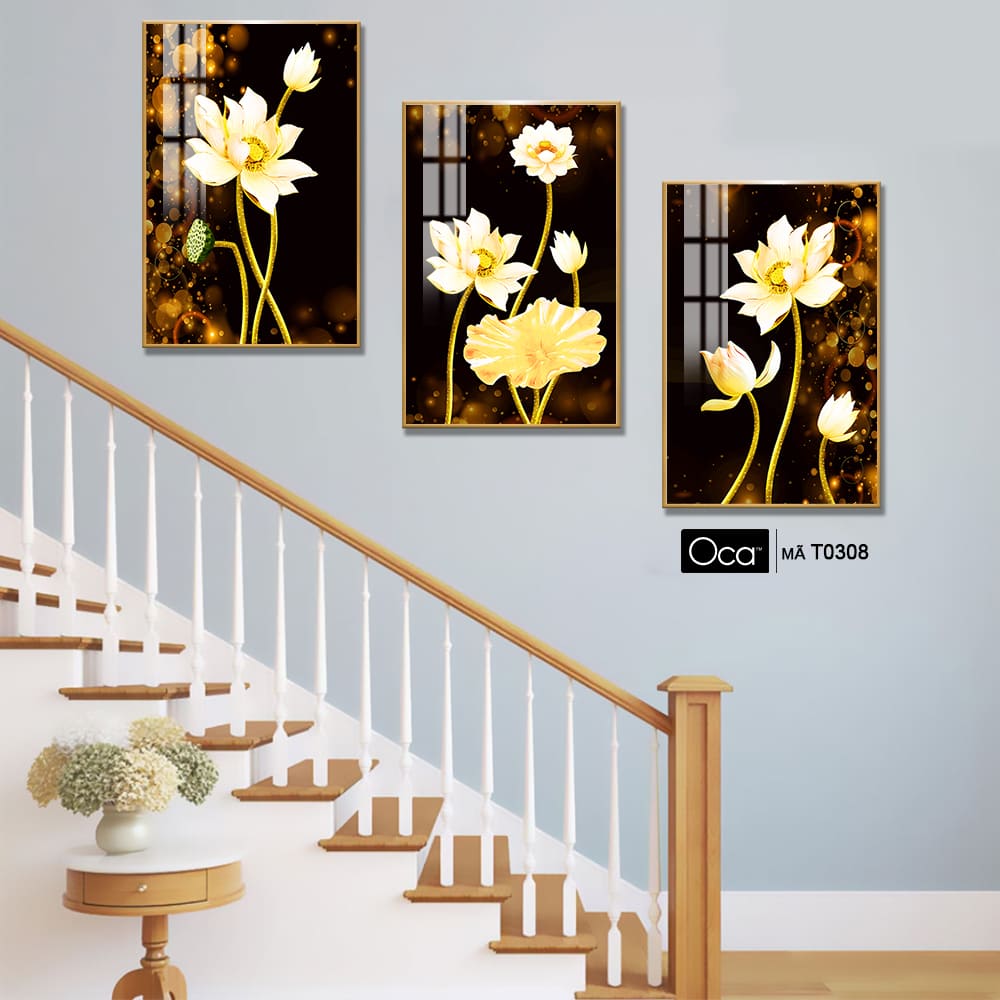 Hoa sen nghệ thuật | Bộ 3 tranh treo cầu thang | Mã T0308 | Oca - Ảnh 2