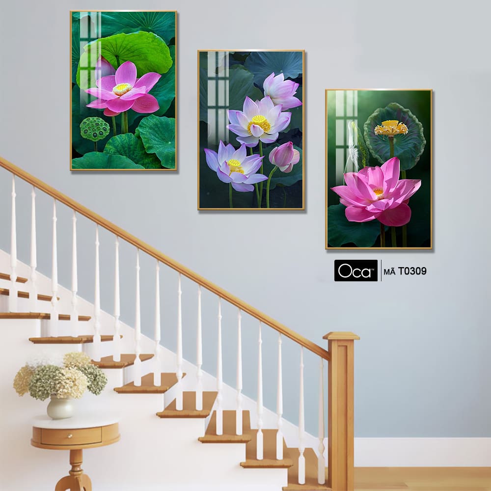 Hoa sen hồng | Bộ 3 tranh treo cầu thang | Mã T0309 | Oca - Ảnh 4