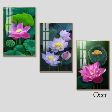 Hoa sen hồng | Bộ 3 tranh treo cầu thang | Mã T0309 | Oca
