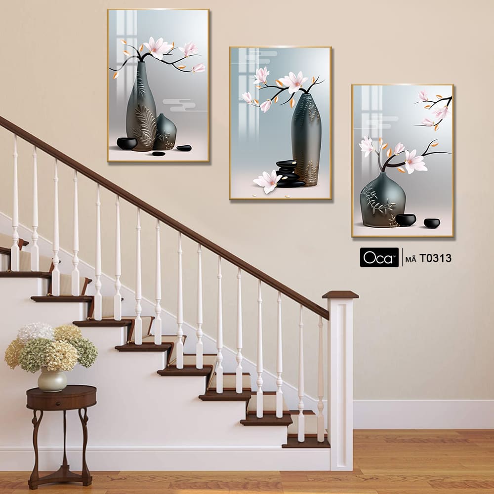 Bình hoa mộc lan | Bộ 3 tranh treo cầu thang | Mã T0313 | Oca - Ảnh 2