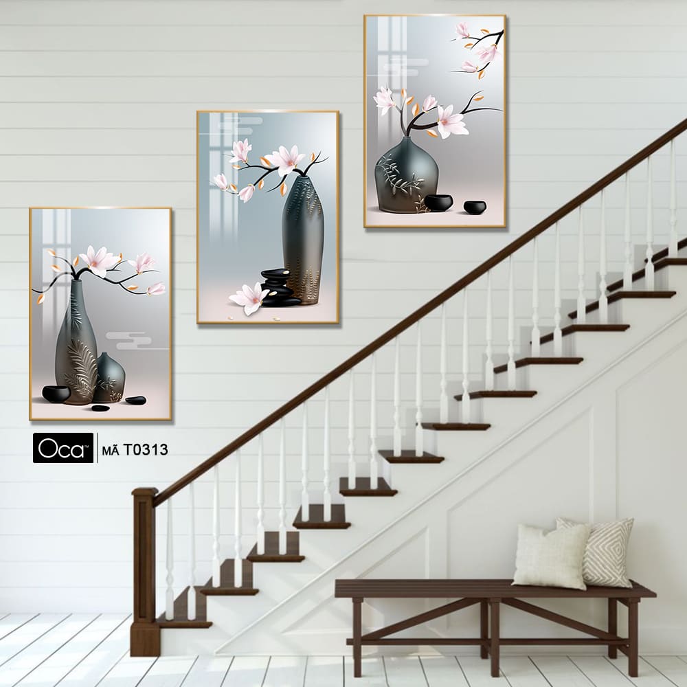 Bình hoa mộc lan | Bộ 3 tranh treo cầu thang | Mã T0313 | Oca - Ảnh 4