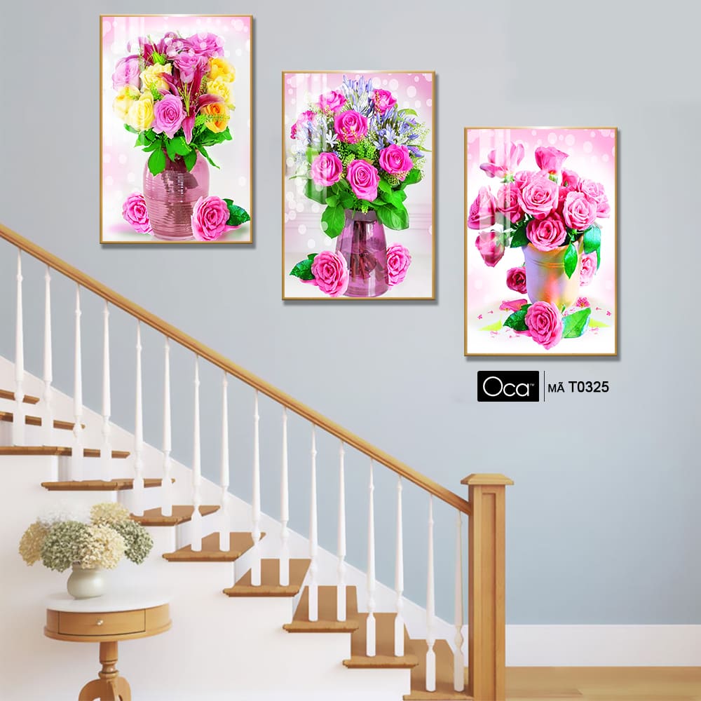 Bình hoa hồng | Bộ 3 tranh treo cầu thang | Mã T0325 | Oca - Ảnh 3