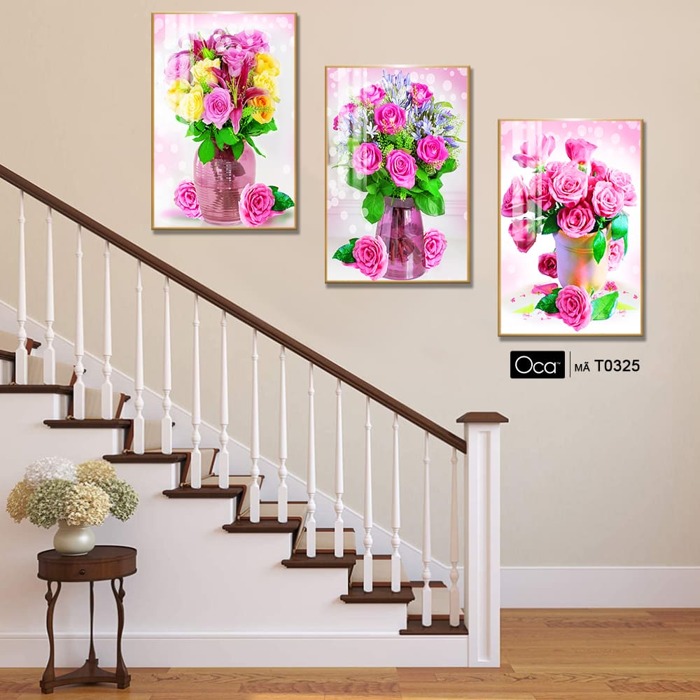 Bình hoa hồng | Bộ 3 tranh treo cầu thang | Mã T0325 | Oca - Ảnh 2