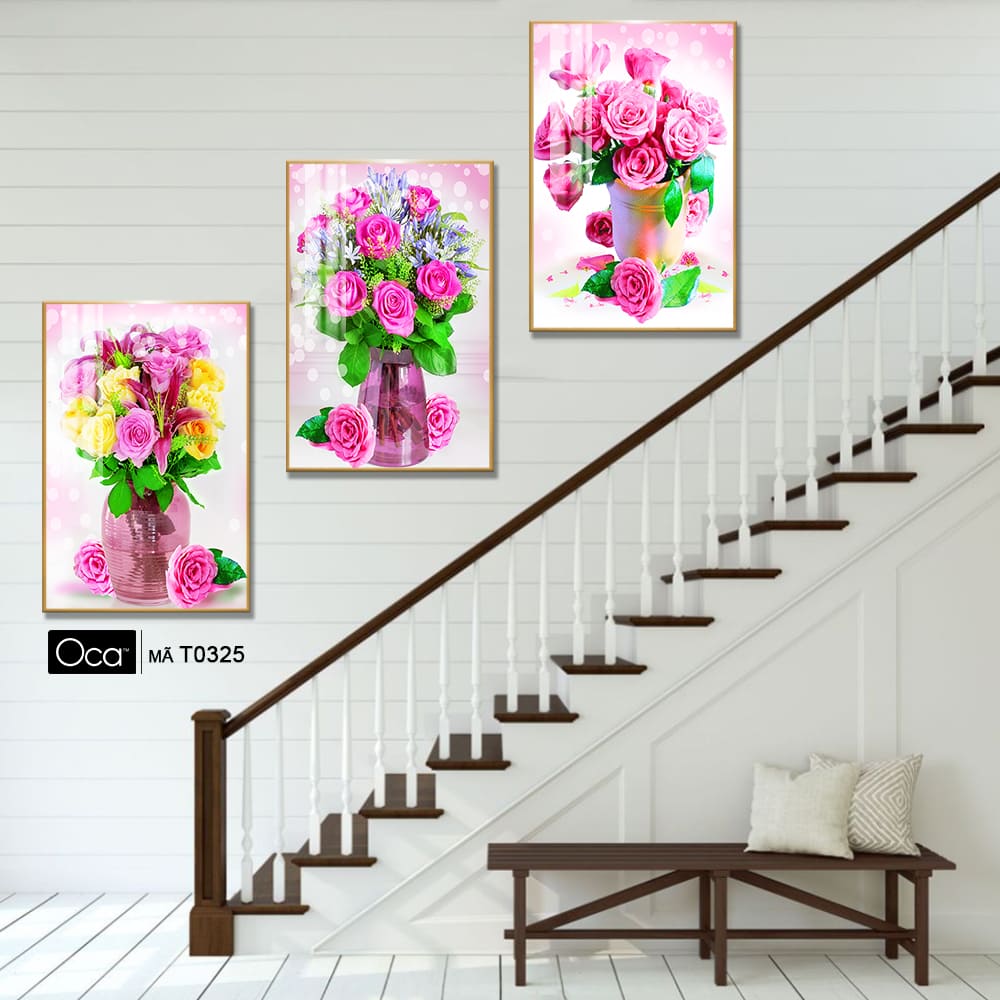 Bình hoa hồng | Bộ 3 tranh treo cầu thang | Mã T0325 | Oca - Ảnh 4
