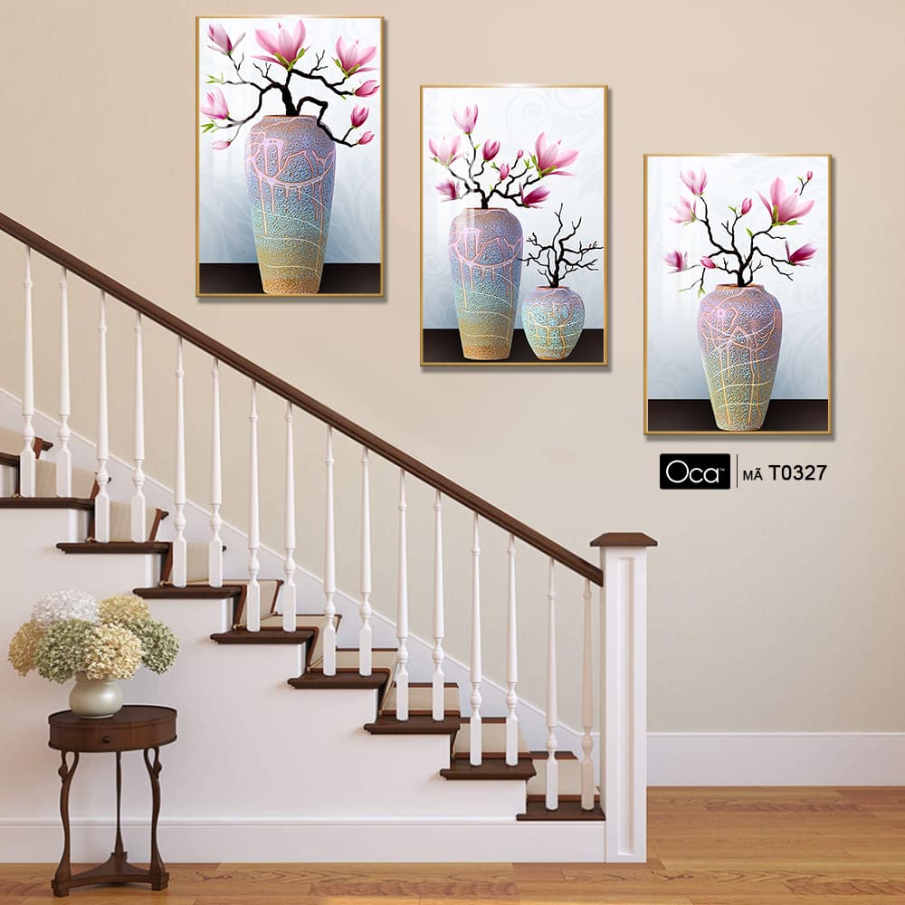 Bình hoa mộc lan | Bộ 3 tranh treo cầu thang | Mã T0327 | Oca - Ảnh 4