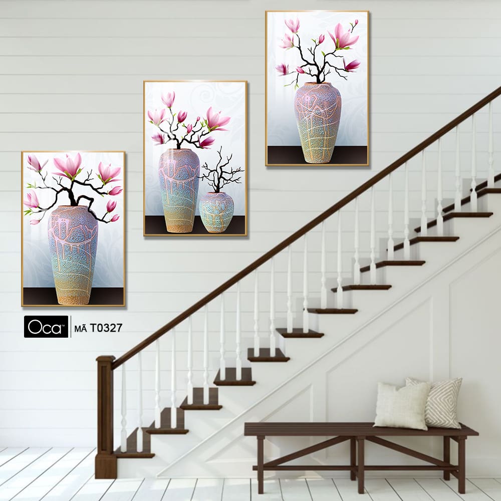 Bình hoa mộc lan | Bộ 3 tranh treo cầu thang | Mã T0327 | Oca - Ảnh 3