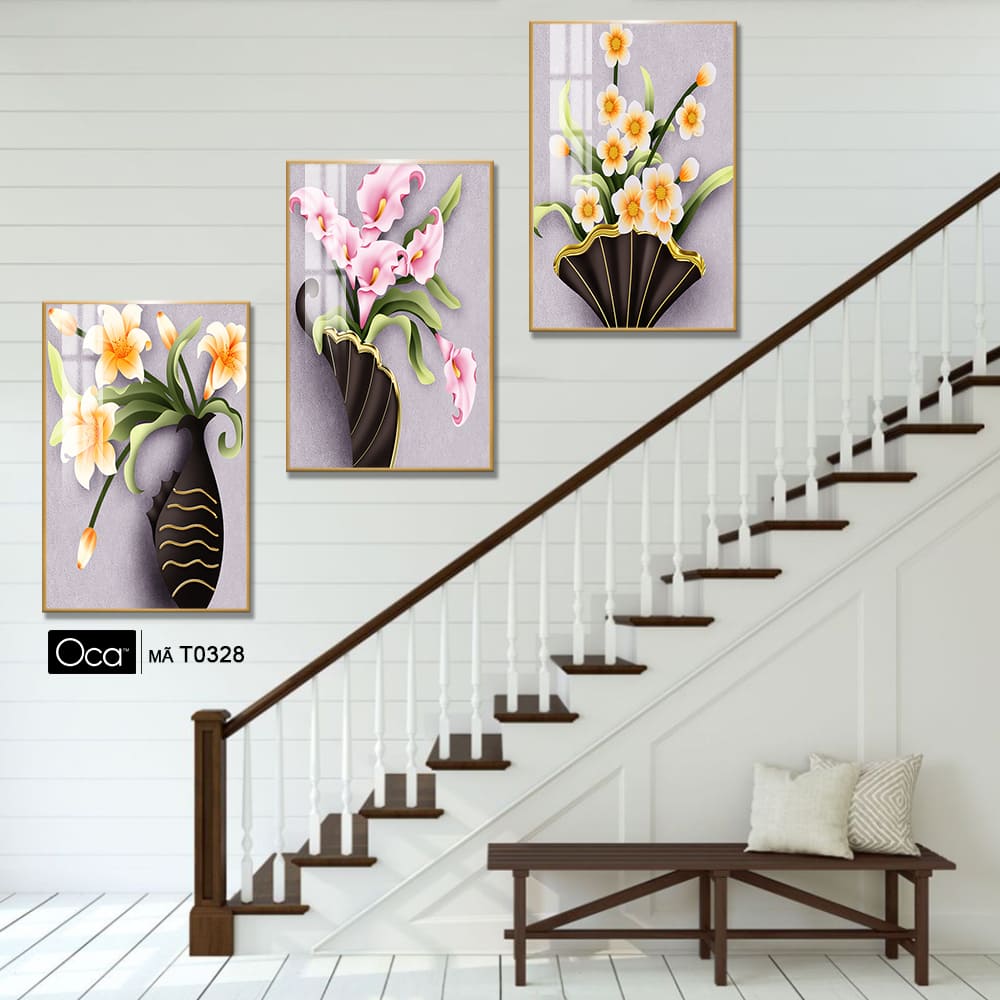 Bình hoa mộc lan | Bộ 3 tranh treo cầu thang | Mã T0328 | Oca - Ảnh 2
