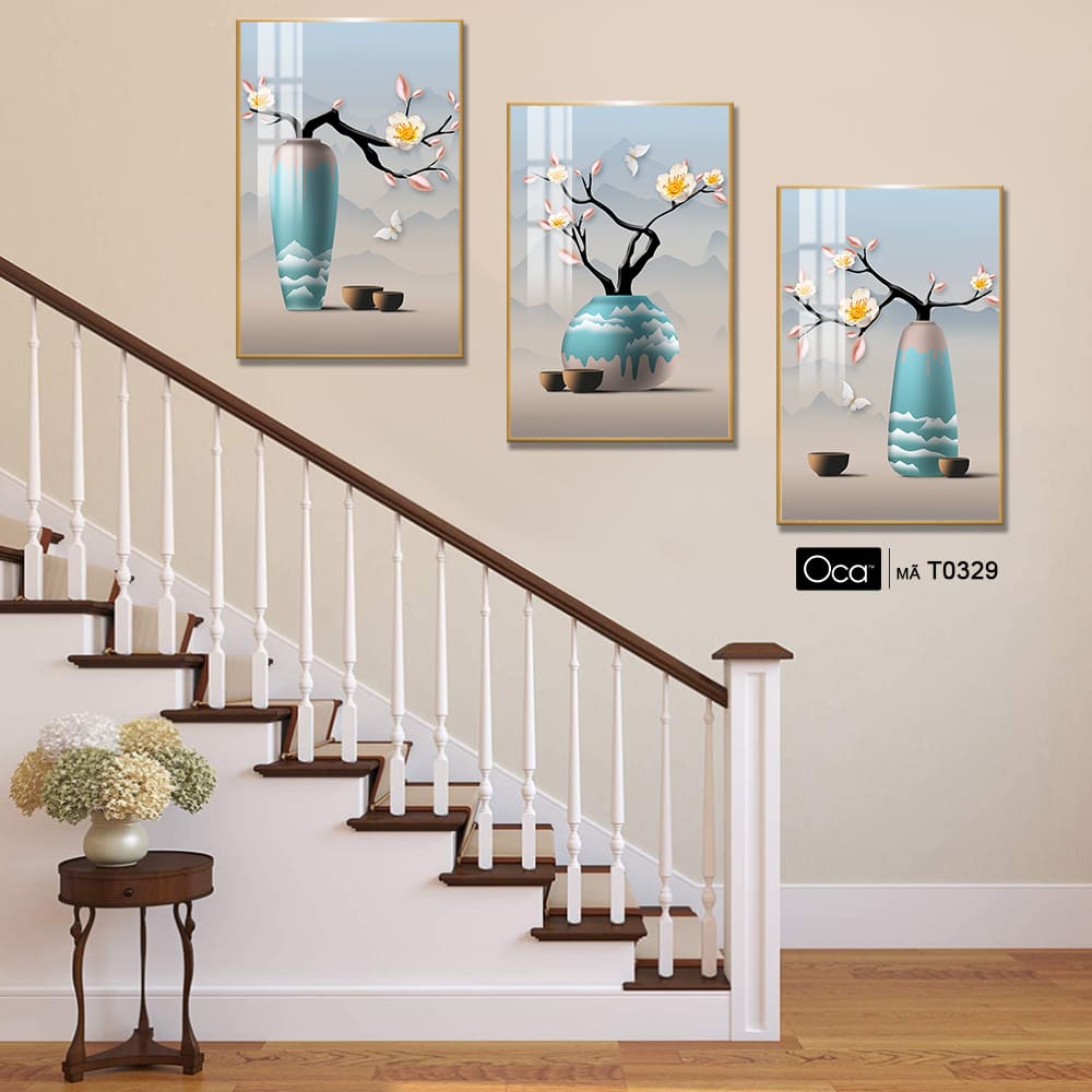 Bình hoa mai | Bộ 3 tranh treo cầu thang | Mã T0329 | Oca - Ảnh 4