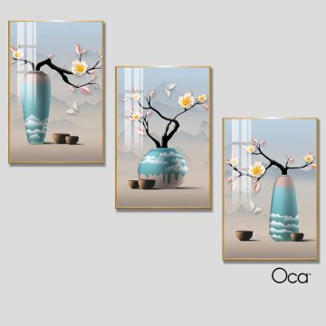 Bình hoa mai | Bộ 3 tranh treo cầu thang | Mã T0329 | Oca