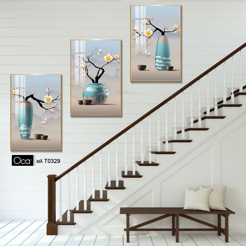 Bình hoa mai | Bộ 3 tranh treo cầu thang | Mã T0329 | Oca - Ảnh 3