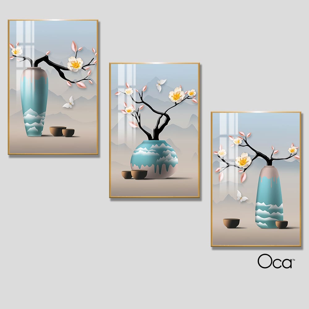 Bình hoa mai | Bộ 3 tranh treo cầu thang | Mã T0329 | Oca