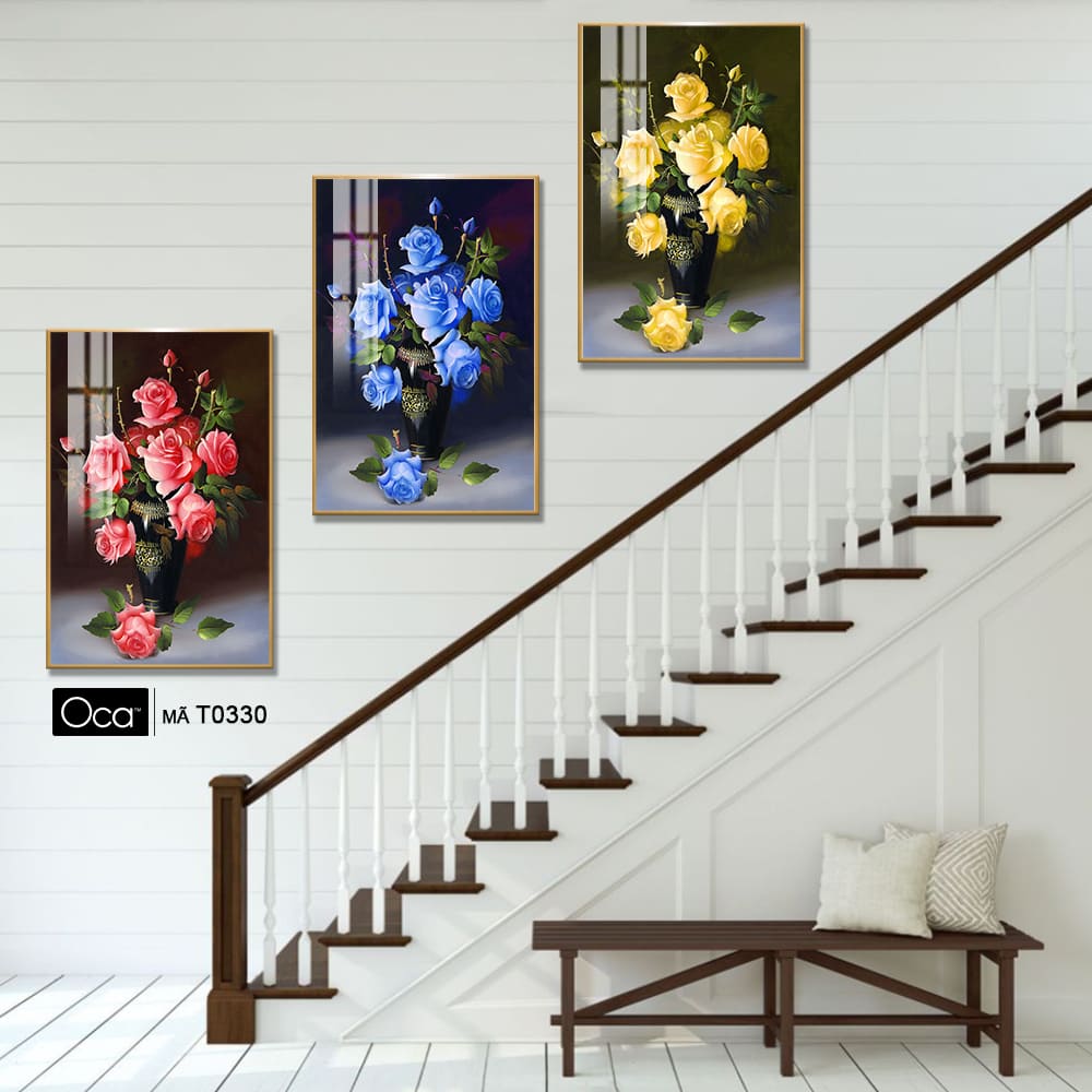 Bình hoa hồng | Bộ 3 tranh treo cầu thang | Mã T0330 | Oca - Ảnh 3