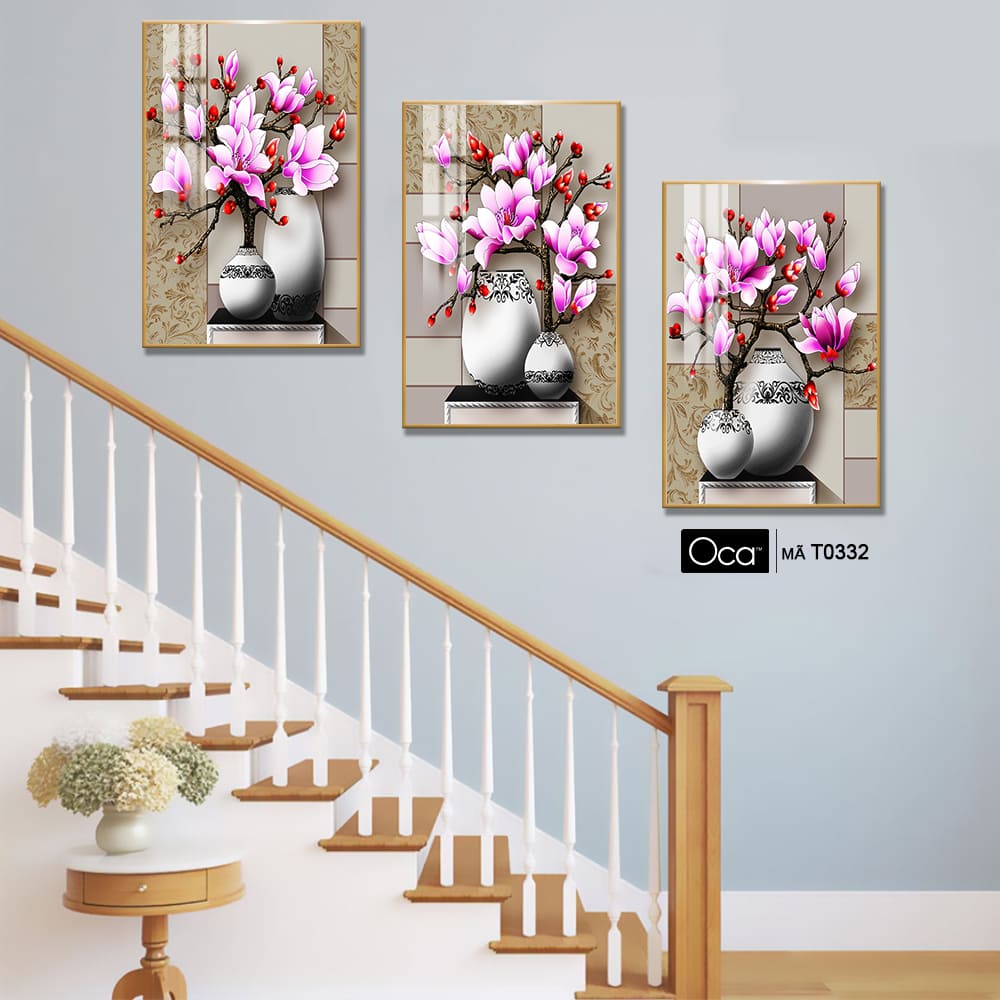 Bình hoa mộc lan | Bộ 3 tranh treo cầu thang | Mã T0332 | Oca - Ảnh 4