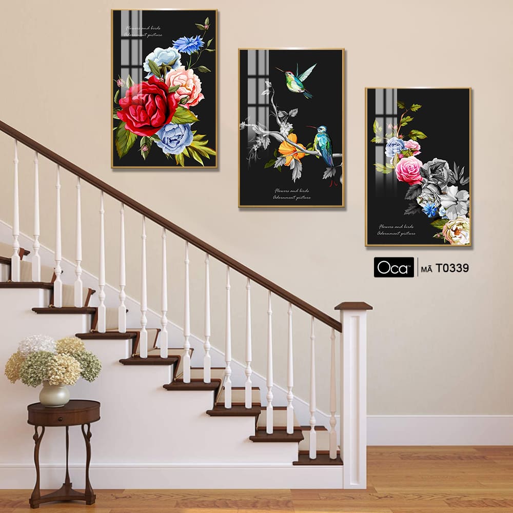 Nhành hoa hồng | Bộ 3 tranh treo cầu thang | Mã T0339 | Oca - Ảnh 4