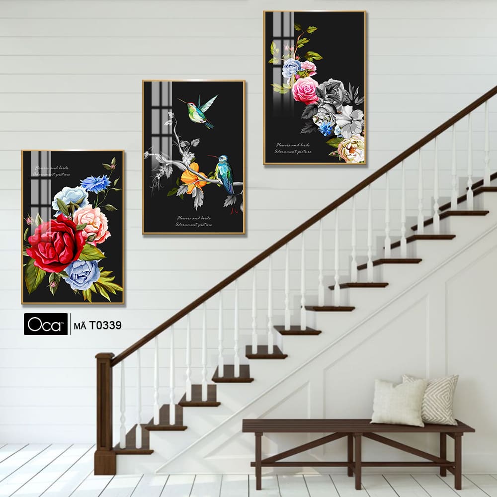 Nhành hoa hồng | Bộ 3 tranh treo cầu thang | Mã T0339 | Oca - Ảnh 3