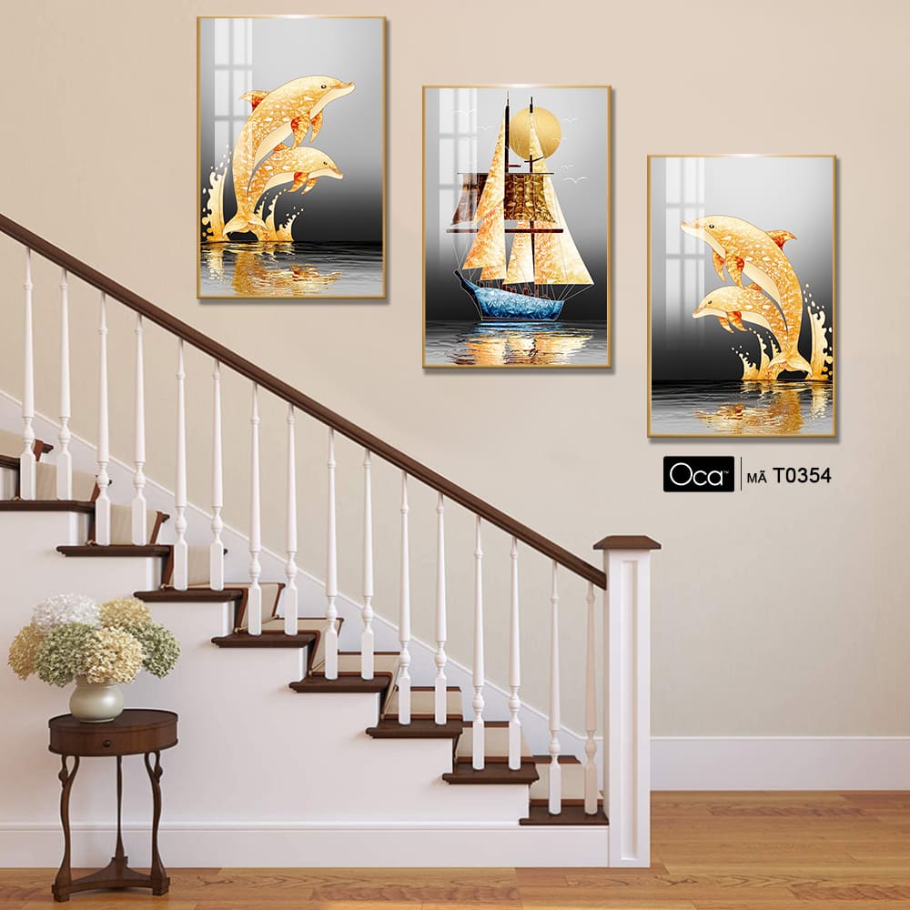 Phong cảnh đêm vàng | Bộ 3 tranh treo cầu thang | Mã T0354 | Oca - Ảnh 3