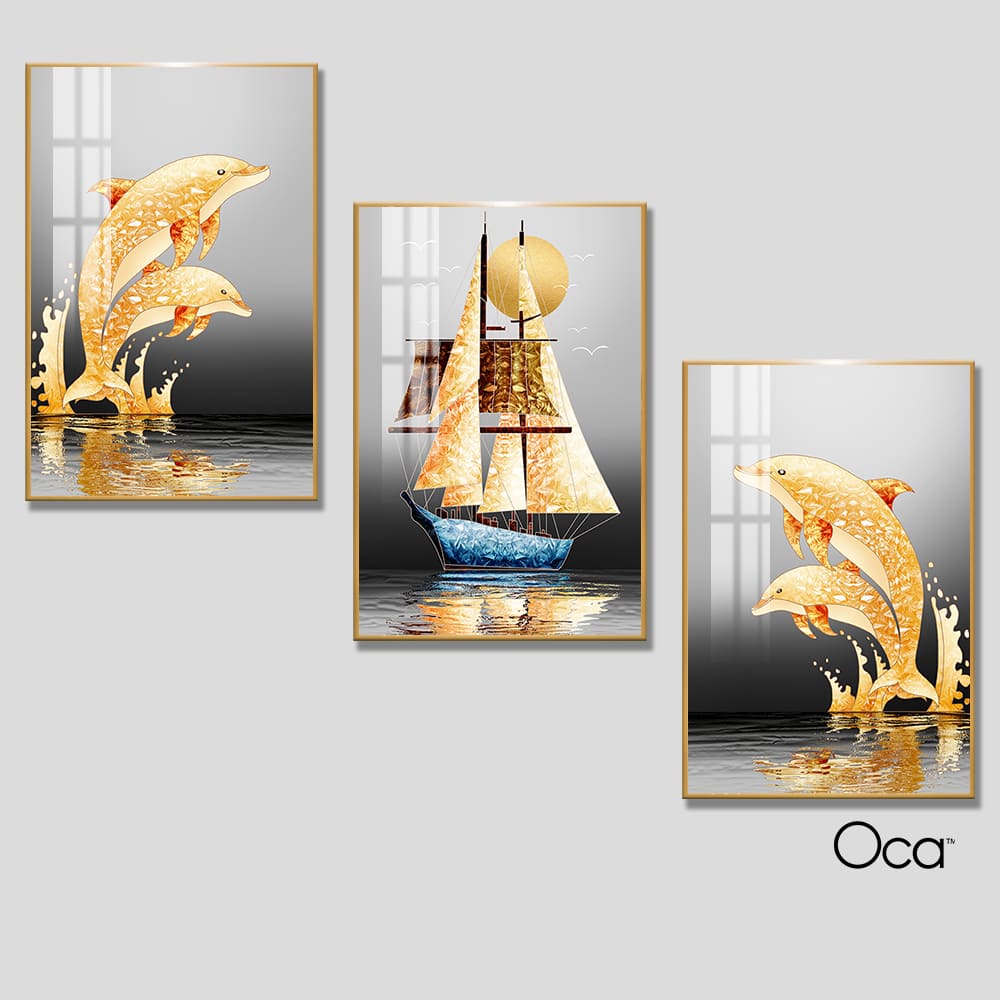 Phong cảnh đêm vàng | Bộ 3 tranh treo cầu thang | Mã T0354 | Oca