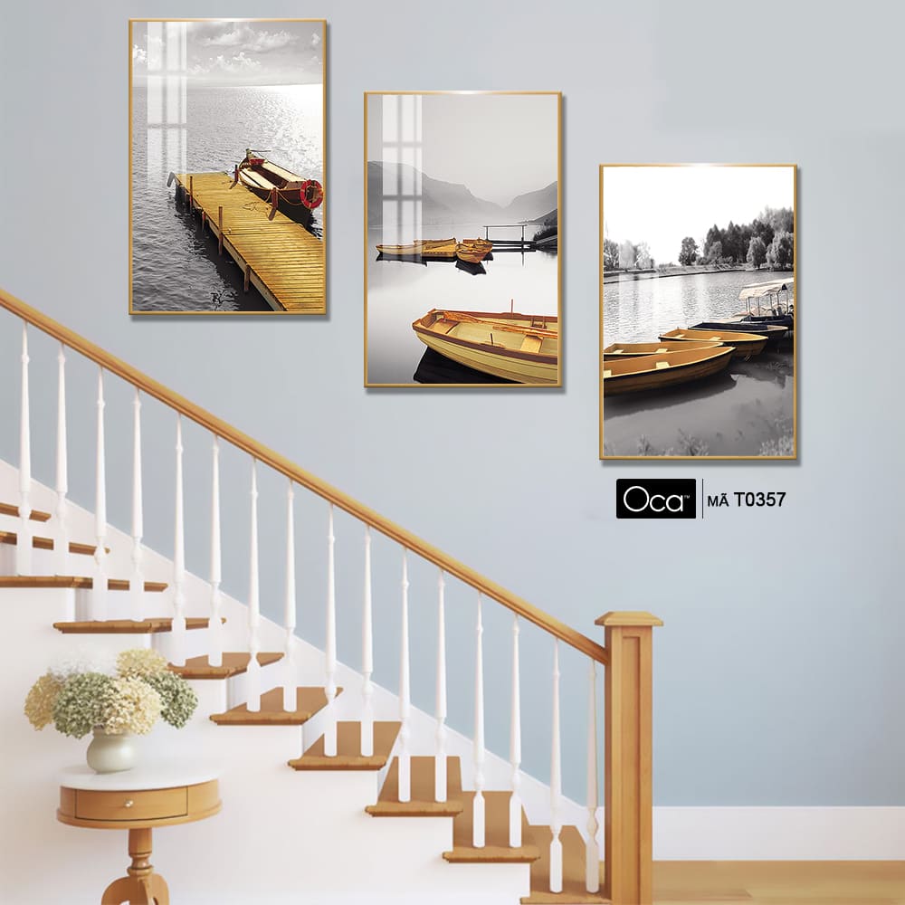 Phong cảnh bến thuyền | Bộ 3 tranh treo cầu thang | Mã T0357 | Oca - Ảnh 4