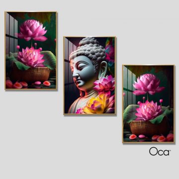Phật pháp hoa sen | Bộ 3 tranh treo cầu thang | Mã T0369 | Oca
