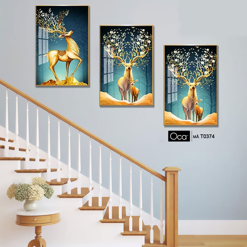 Hươu tài lộc | Bộ 3 tranh treo cầu thang | Mã T0374 | Oca - Ảnh 2