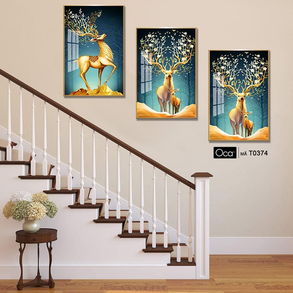 Hươu tài lộc | Bộ 3 tranh treo cầu thang | Mã T0374 | Oca - Ảnh 4