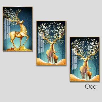 Hươu tài lộc | Bộ 3 tranh treo cầu thang | Mã T0374 | Oca