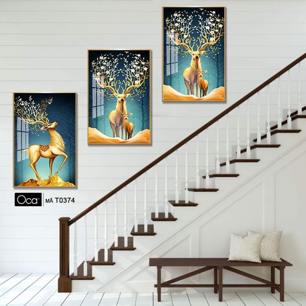 Hươu tài lộc | Bộ 3 tranh treo cầu thang | Mã T0374 | Oca - Ảnh 3